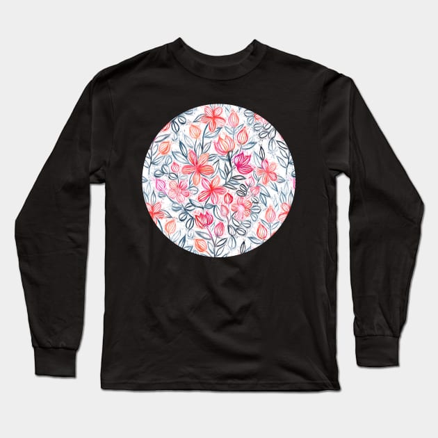 Coral and Grey Candy Striped Crayon Floral Long Sleeve T-Shirt by micklyn